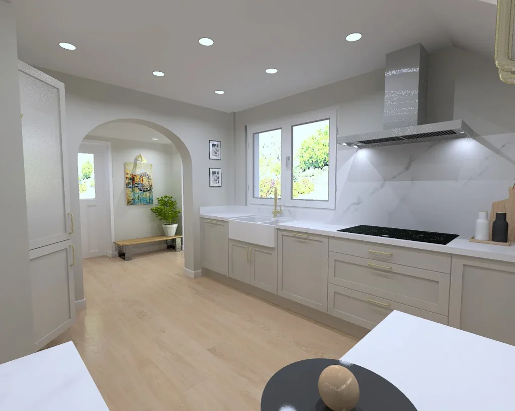 Kitchen Installation 6 3D design of a kitchen with shaker units, a Belfast sink, marble-effect splashback and brushed-gold handles