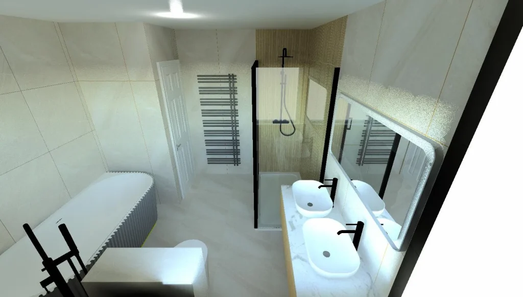 Bathroom Installation 4 3D visual of a bathroom design with fluted bath, walk-in shower and double vanity