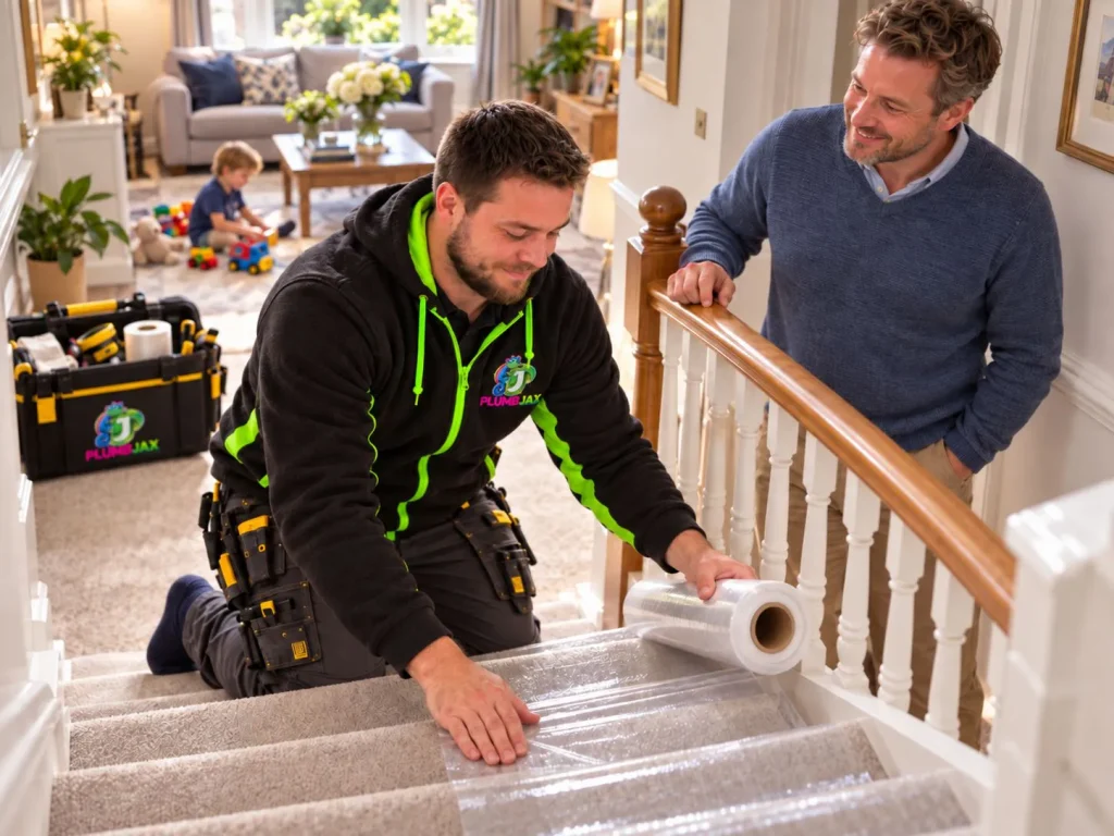 Engineer laying protective film over stair carpet