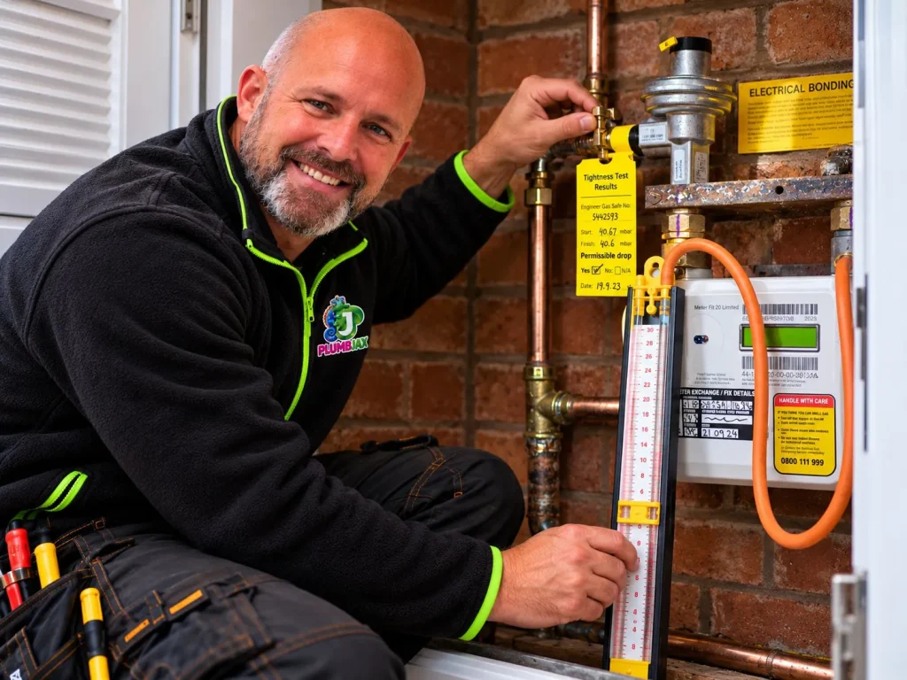 Jacques from PlumbJax carrying out a gas tightness test at the meter with a manometer