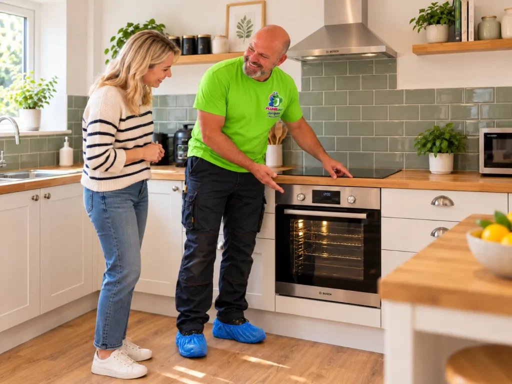 Kitchen Installation 7 Jacques from PlumbJax, in overshoes, handing over a finished kitchen to a customer