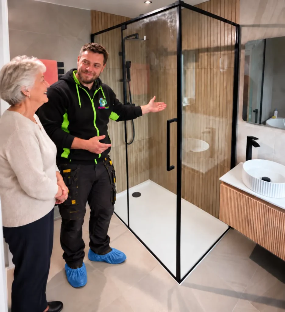 Bathroom Installation 6 PlumbJax engineer in overshoes showing a customer her finished bathroom and new walk-in shower