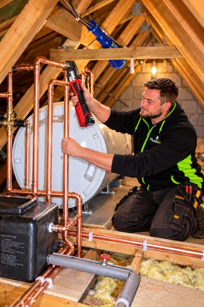 PlumbJax engineer press-fitting new copper pipework to a hot water cylinder in a loft