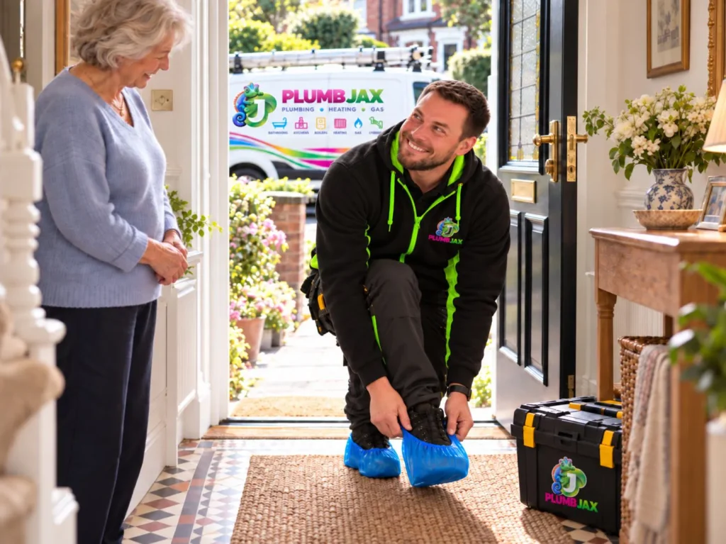 PlumbJax engineer putting on overshoes at a customer's front door