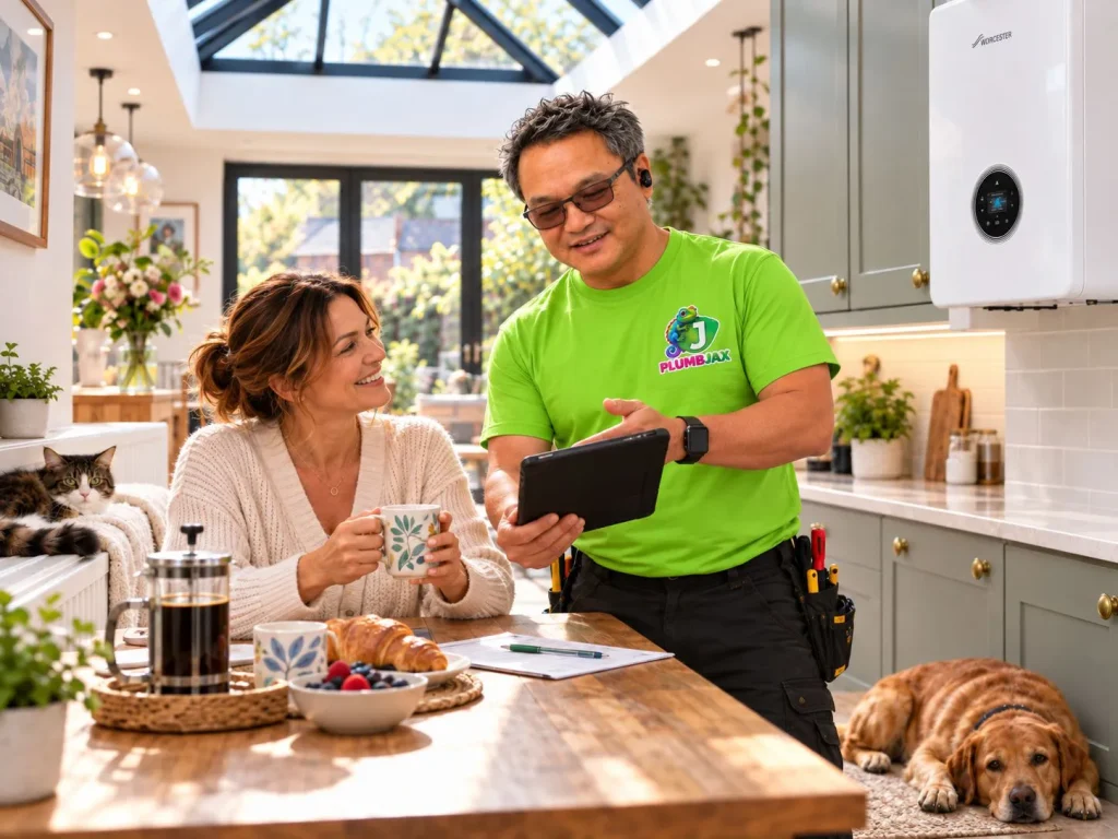 PlumbJax engineer talking a customer through a quote on a tablet in her kitchen