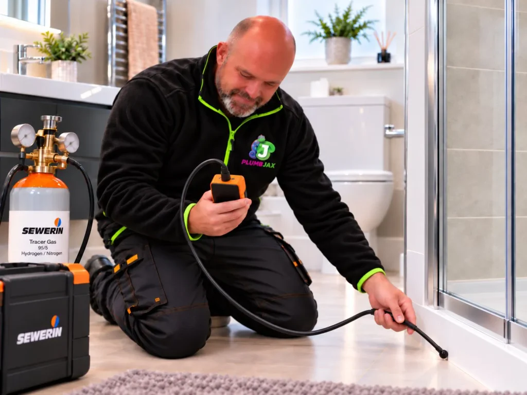 PlumbJax engineer using a tracer gas detector along the base of a shower enclosure