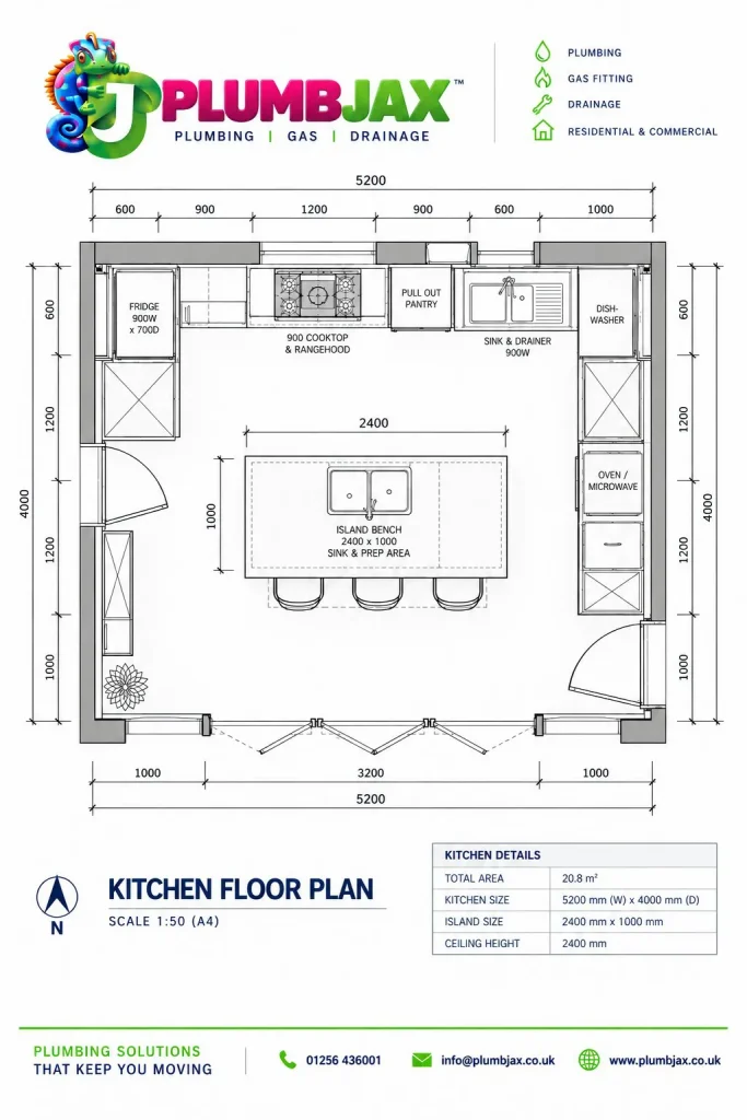 Kitchen Installation 4 PlumbJax kitchen floor plan drawing with dimensions, island and appliance positions