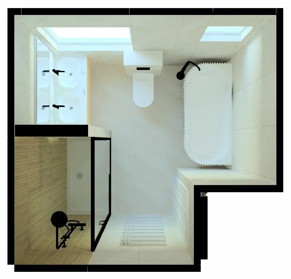 Top-down 3D plan of the bathroom showing shower, bath, WC and double vanity