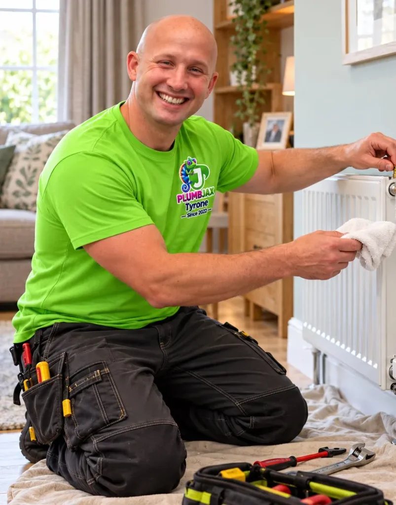 Tyrone from PlumbJax fitting a new radiator in a living room, with dust sheets down to protect the floor
