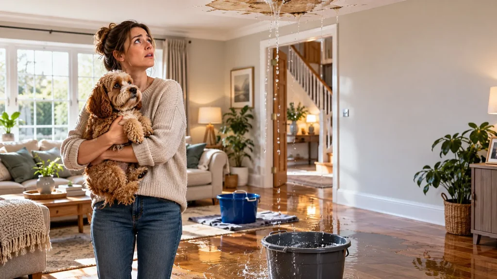 Worried homeowner holding her dog as water pours through the living-room ceiling into buckets